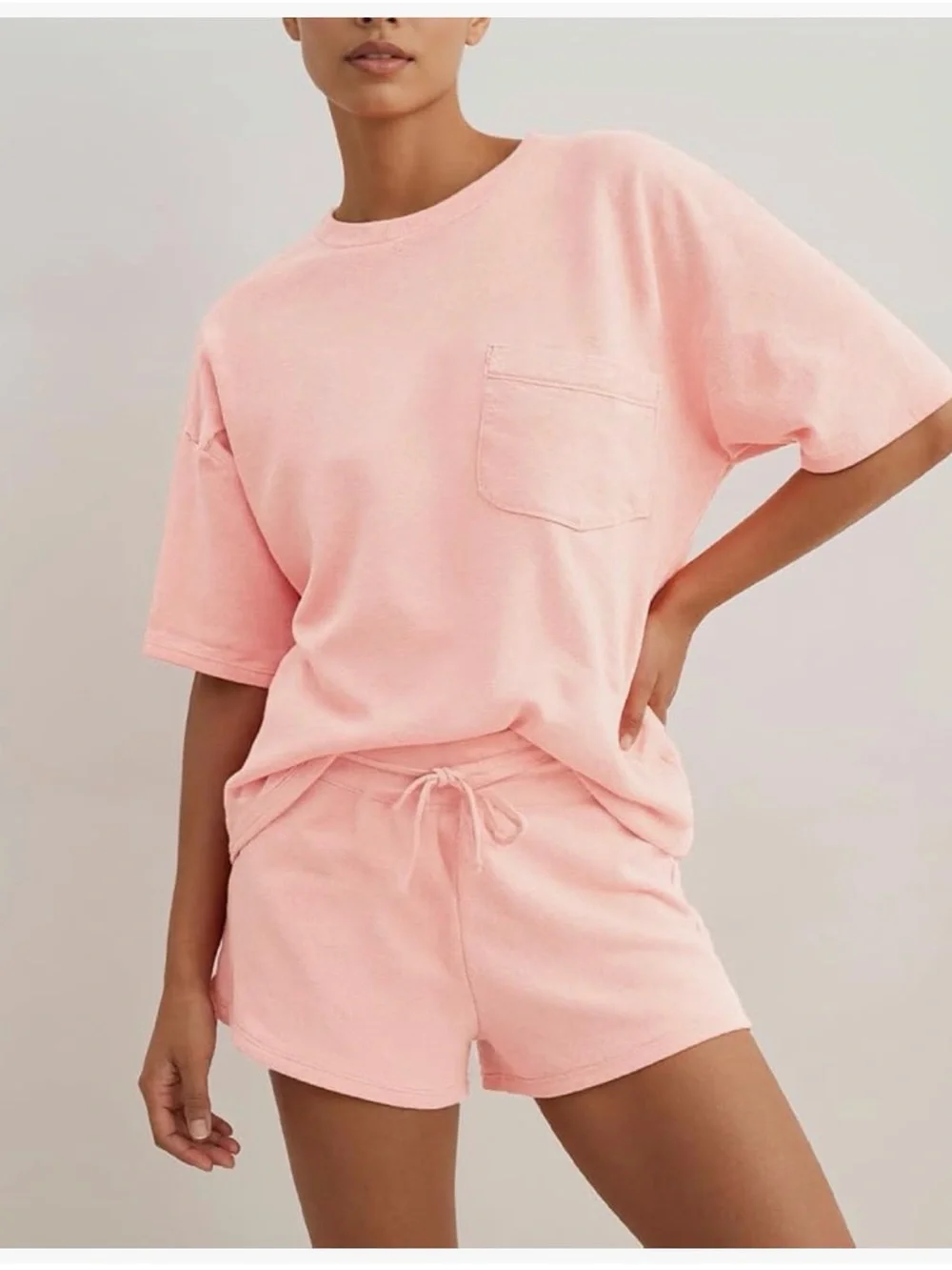 NWT Pink Loungewear Jammie Coverup Short Set - Pocket Tee & Drawstring Shorts-S - Picture 1 of 14